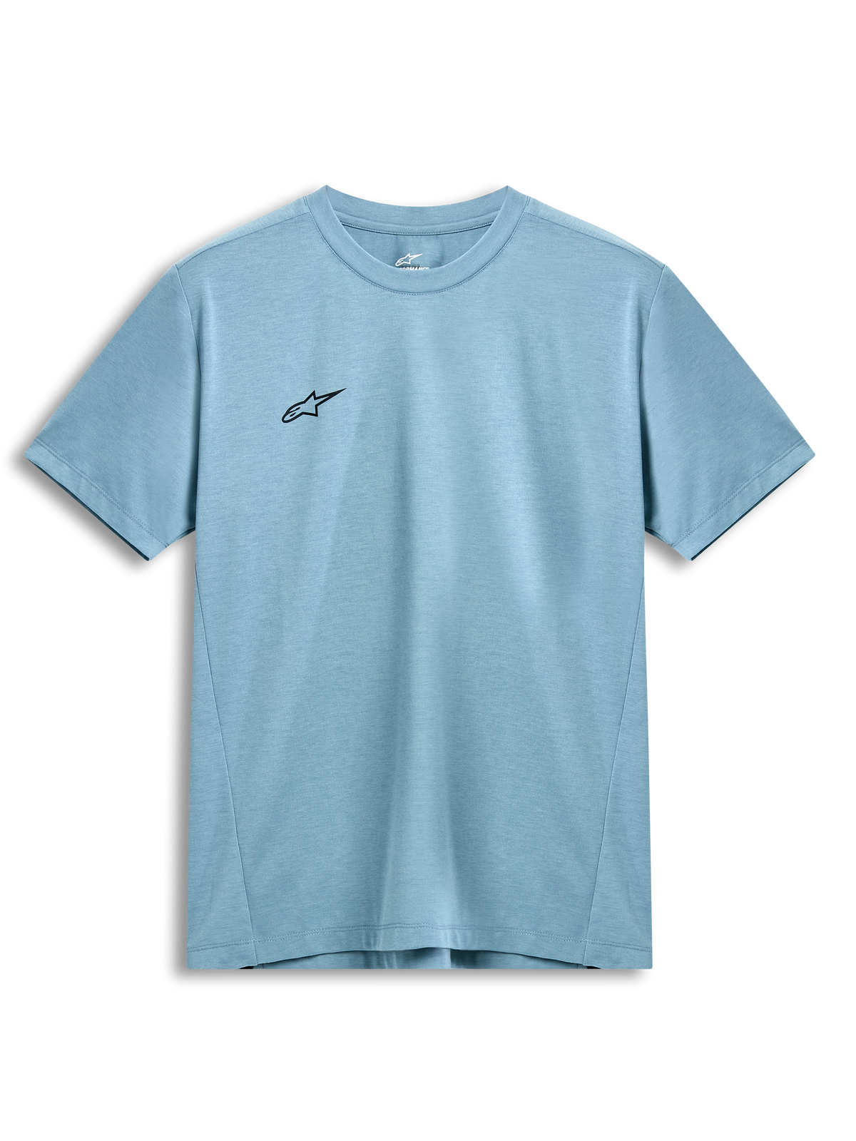 Alpinestars Point Performance T-Shirt, Kurzarm, Ice Blue, kleines schwarzes Stern-Logo auf der Brust, Rundhalsausschnitt, nachhaltiges feuchtigkeitsableitendes Funktionsmaterial, lässige Motorsport-Streetwear