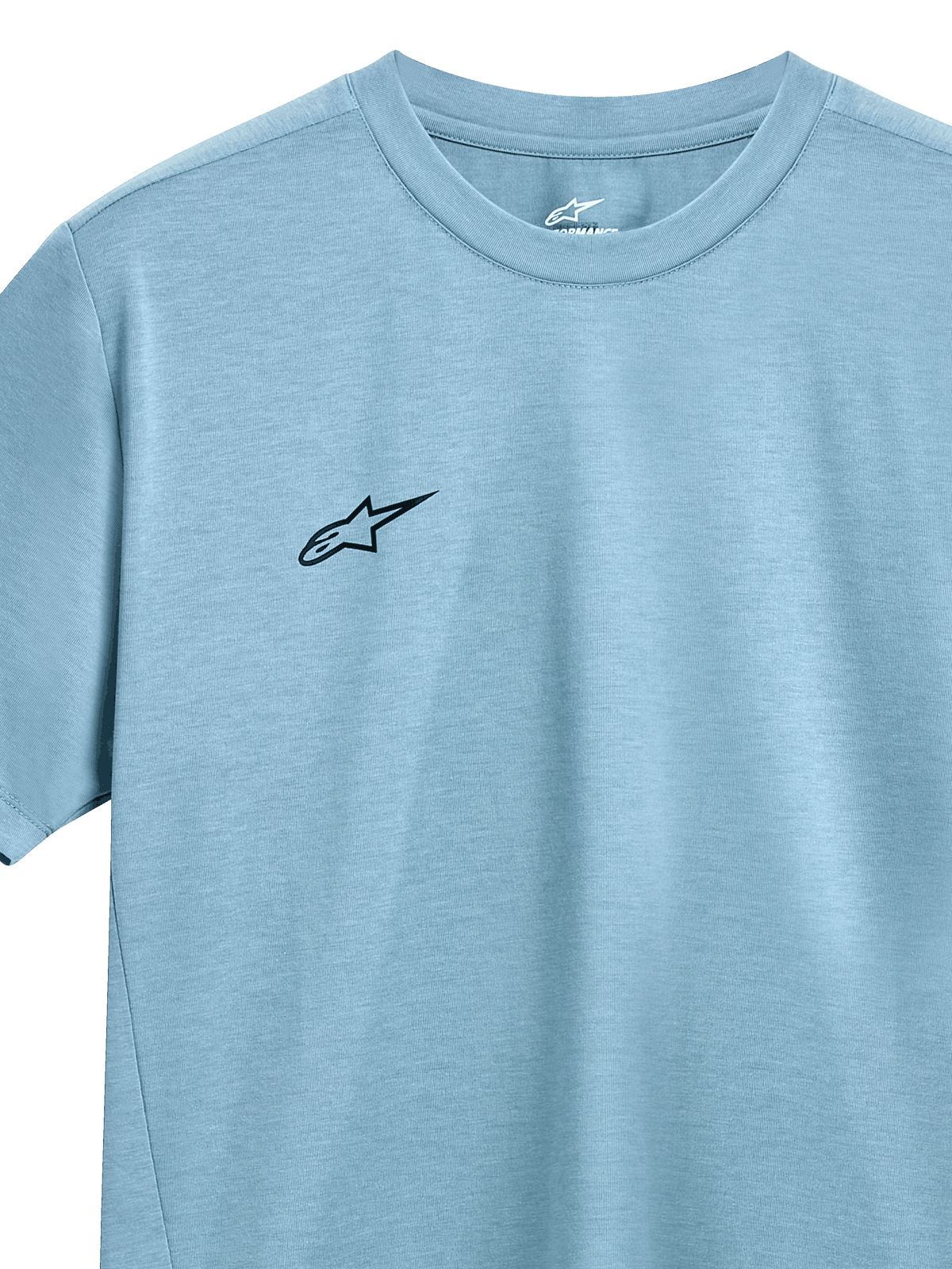 Alpinestars Point Performance Tee, Kurzarm-T-Shirt, Ice Blue, kleines schwarzes Alpinestars-Logo auf der Brust, Rundhalsausschnitt, feuchtigkeitsableitendes Performance-Gewebe