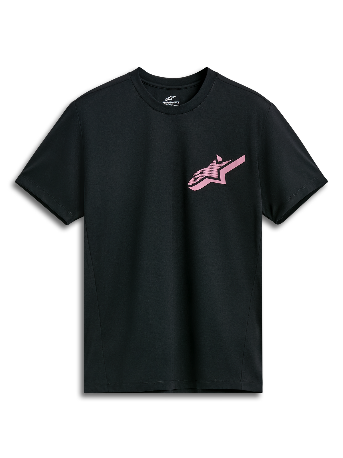 Alpinestars Attrition Performance T-Shirt, kurzärmliges Performance-T-Shirt, Schwarz mit pinkfarbenem Alpinestars-Logo, Rundhalsausschnitt, Performance-Sportbekleidung