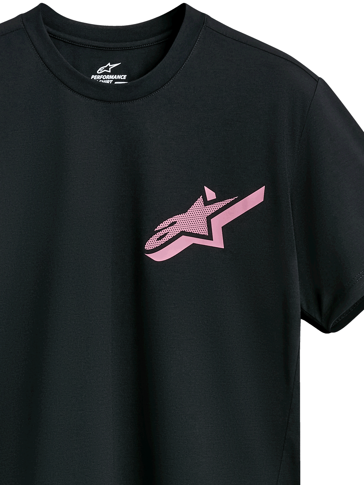 Alpinestars Attrition Performance Tee, Kurzarm-T-Shirt, Schwarz mit rosa Astars-Logo, Rundhalsausschnitt, Performance-Sportbekleidung