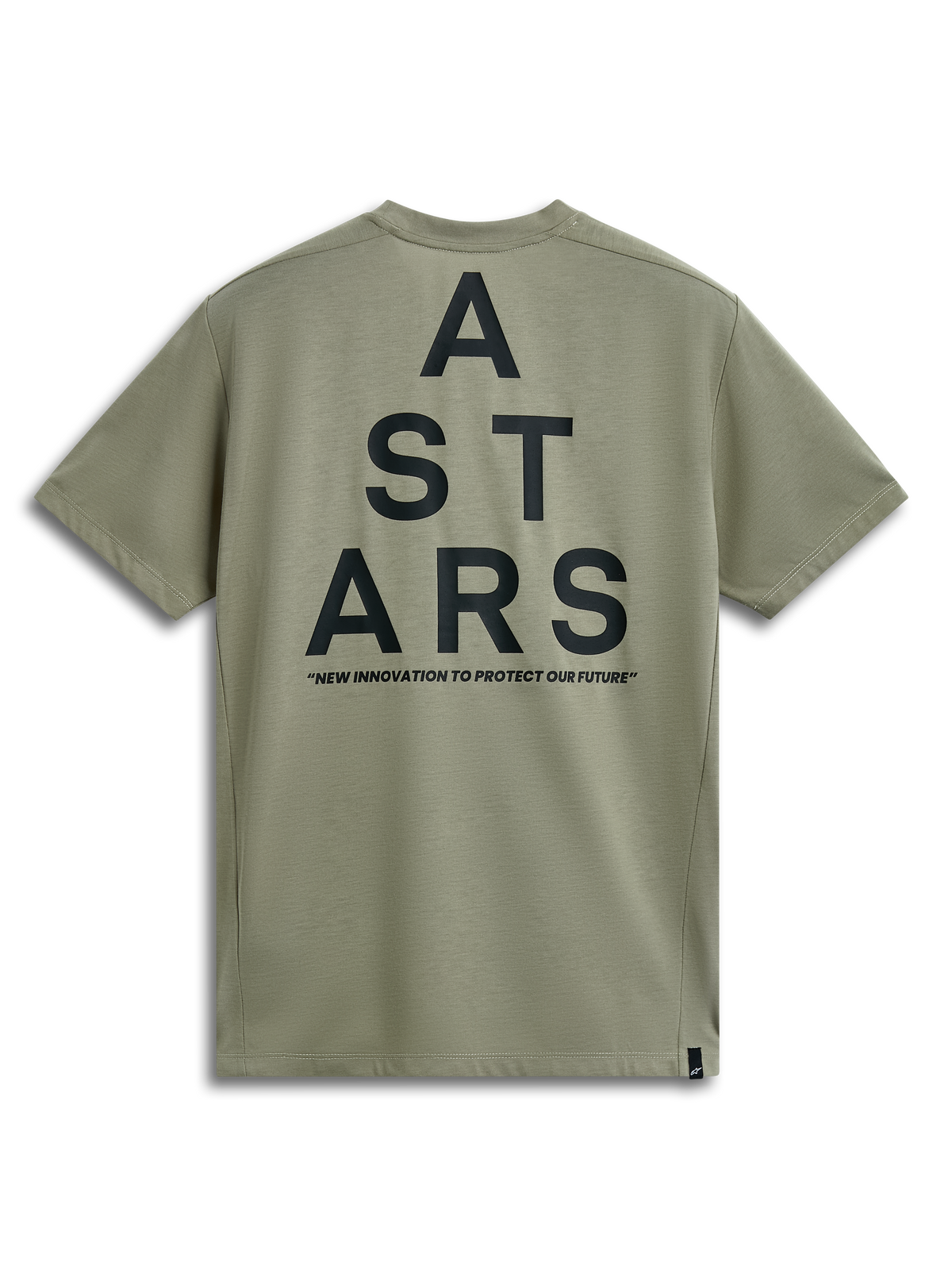 Alpinestars Attrition Performance Tee, kurzärmeliges T-Shirt, Hellgrün, Rückansicht mit großer schwarzer ASTARS-Grafik und „NEW INNOVATION TO PROTECT OUR FUTURE“-Slogan, lässige Performance-Sportbekleidung