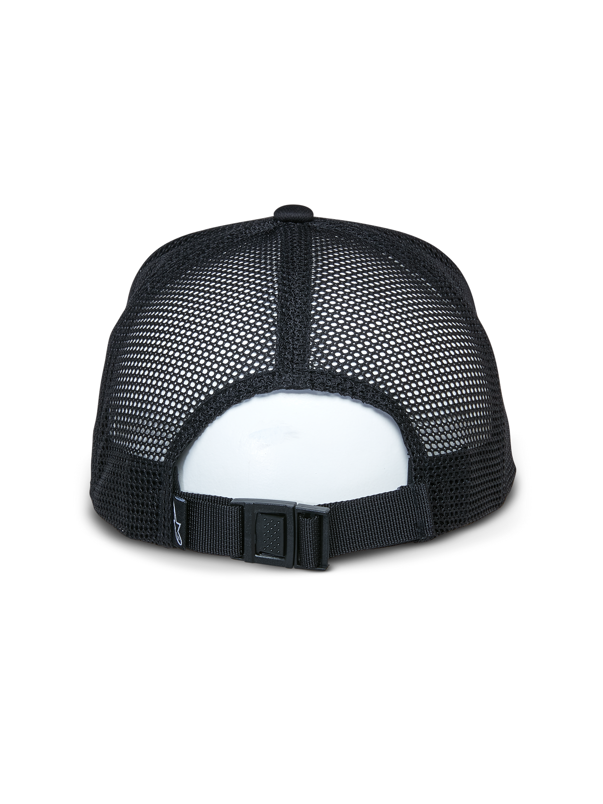 Alpinestars Alter Trucker Hat, Schwarz, Rückansicht mit atmungsaktiven Einsätzen aus recyceltem Mesh und verstellbarem Schnallenverschluss, lässiges Sportbekleidungs-Accessoire