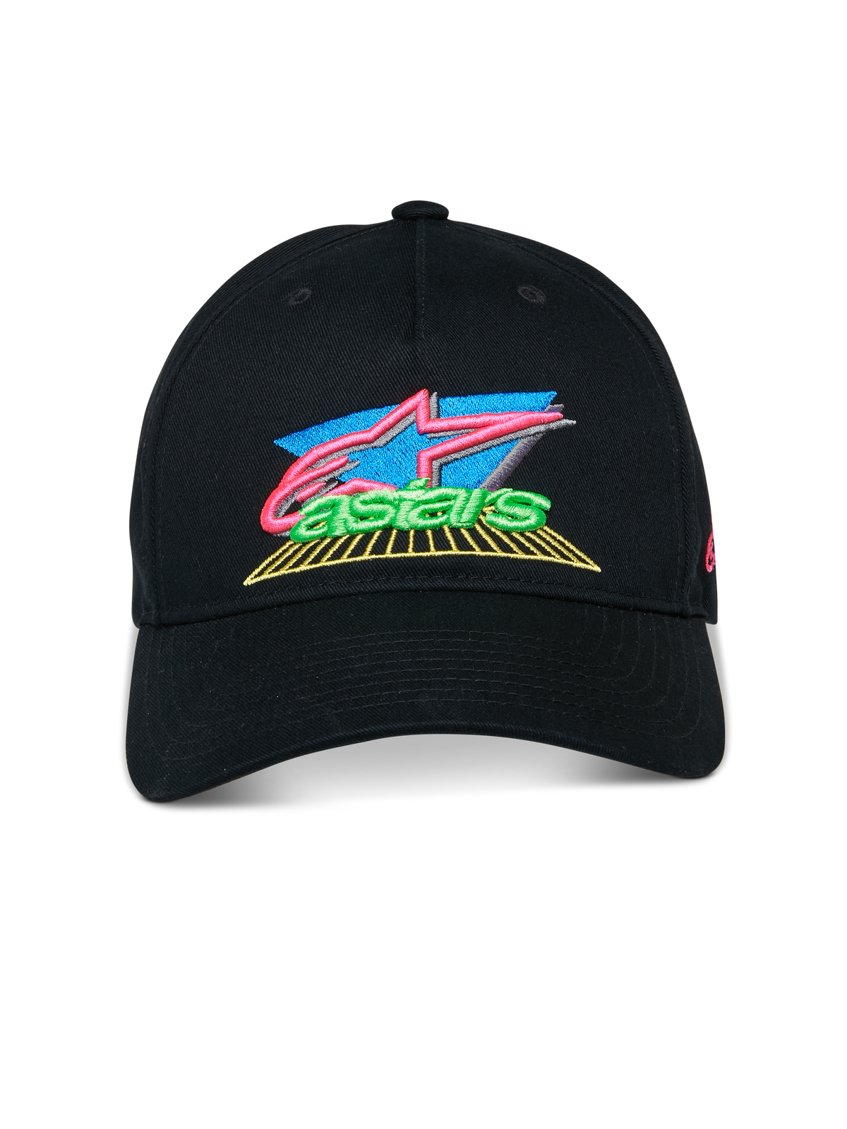 Alpinestars Vivid Kappe, Schwarz, Baseball-Cap mit gebogenem Schirm, auffälliges 3D-Sticklogo mit pinken, blauen und grünen Akzenten, halbstrukturierte niedrige Krone, lässige Motorsport-Streetwear