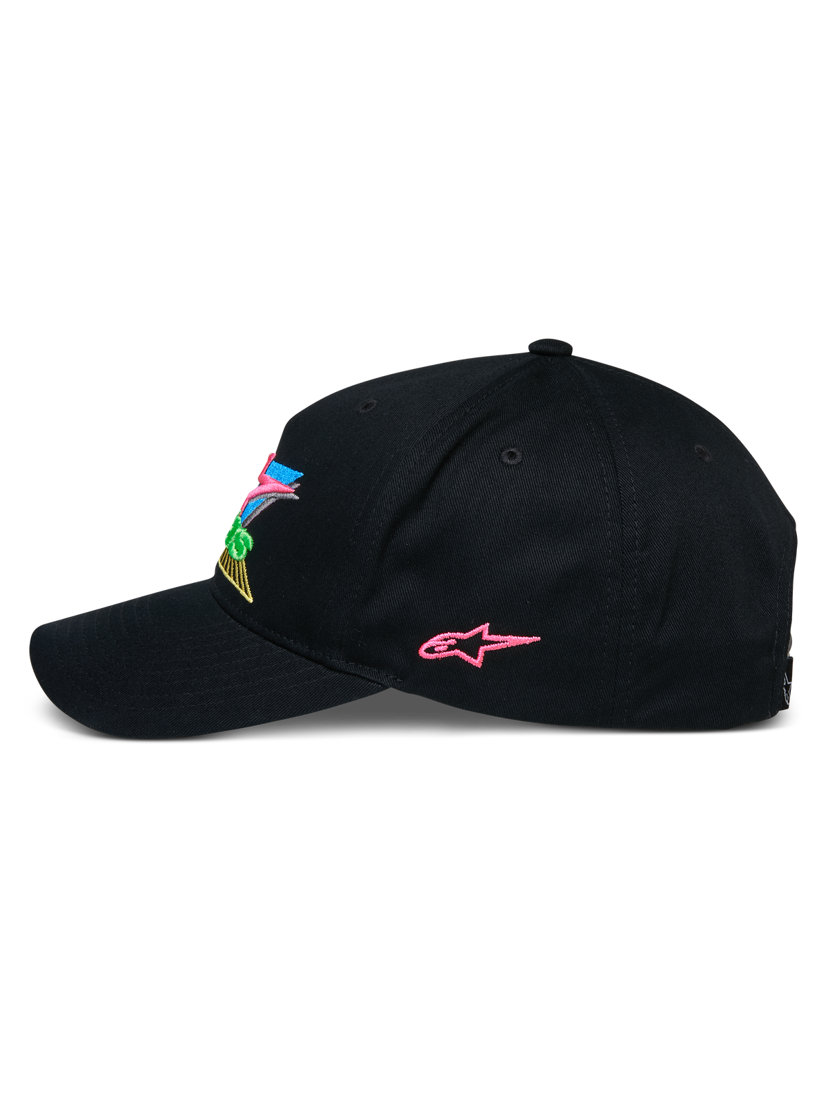 Alpinestars Vivid Mütze, schwarze Snapback-Baseballkappe, Seitenprofil mit rosa gesticktem Stern-Logo und farbenfrohem 3D-Branding auf der Vorderseite, gebogener Schirm, lässige, vom Motorsport inspirierte Streetwear