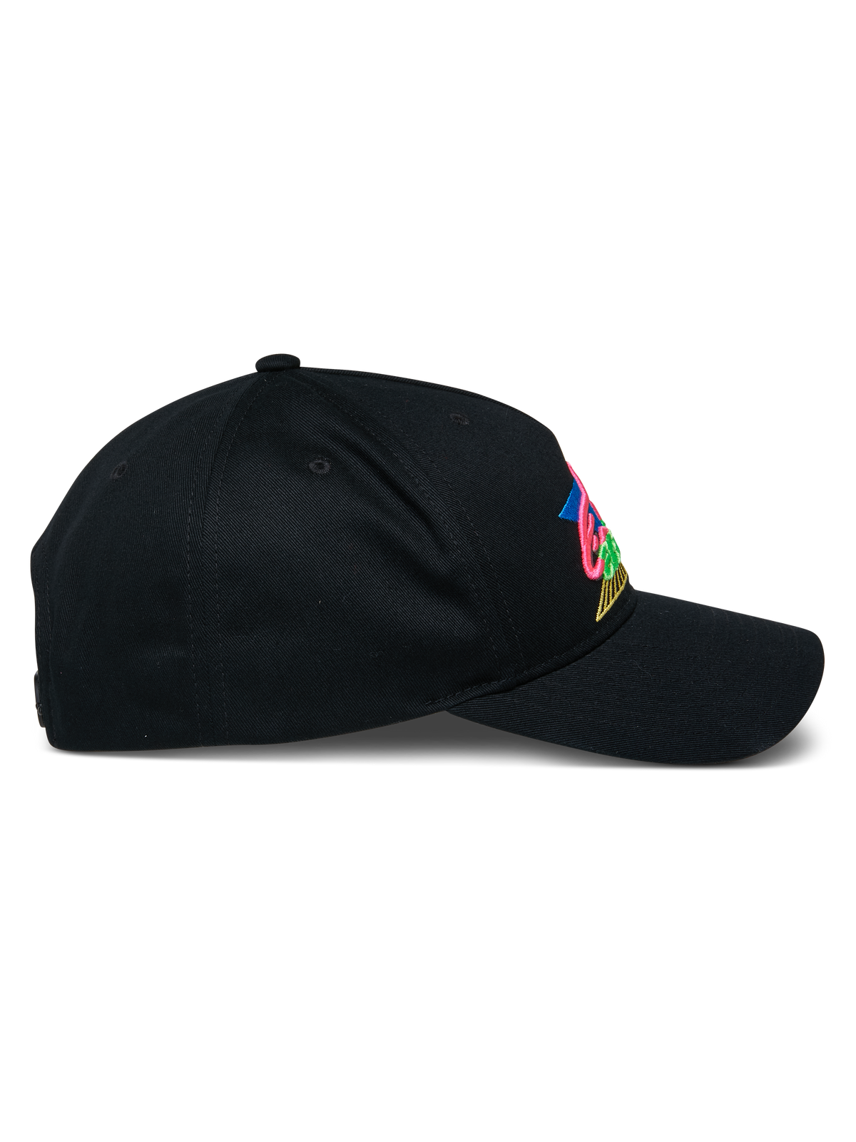 Alpinestars Vivid Cap, schwarze Baseball-Kappe, Seitenansicht mit gebogenem Schirm und halbstrukturierter Krone, farbenfrohes 3D-Sticklogo auf der Vorderseite, lässige Streetwear aus Baumwoll-Twill