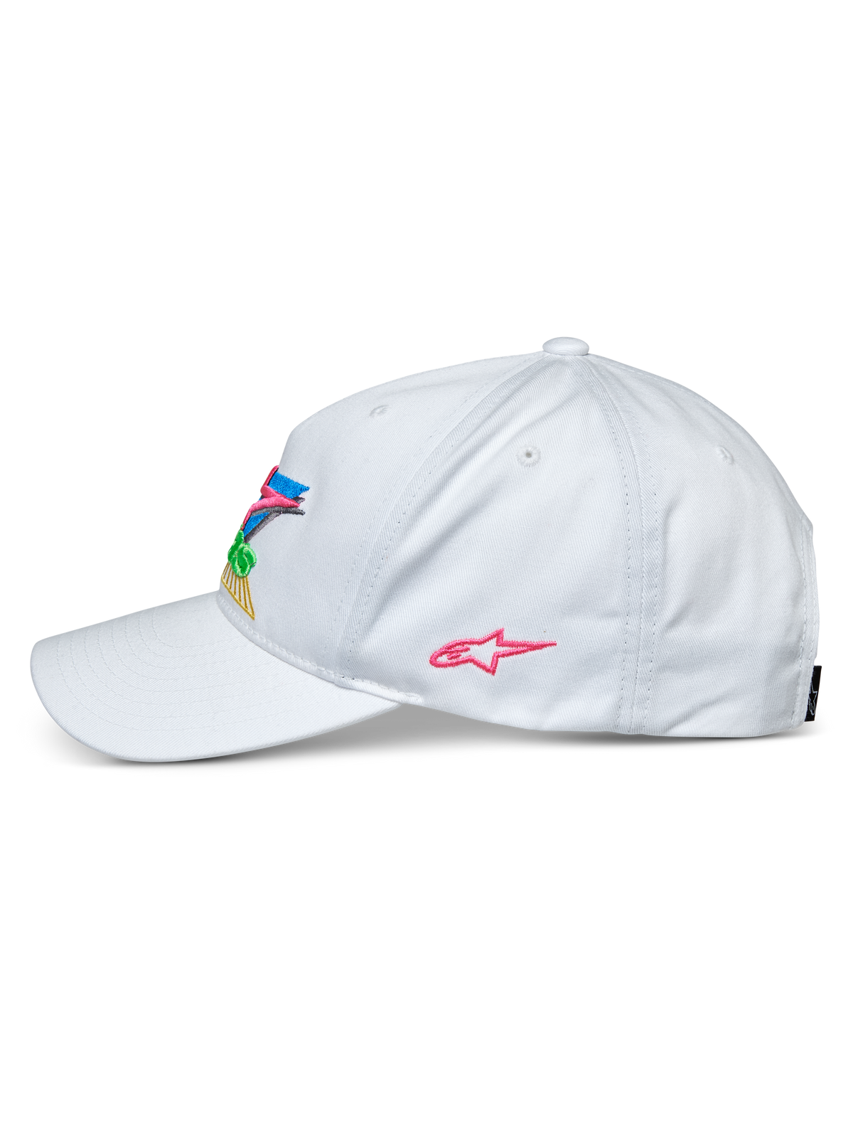 Alpinestars Vivid Mütze, Weiß, Seitenansicht einer Baseballkappe, gebogener Schirm und halbstrukturierte, niedrige Krone, mit farbenfroher 3D-Stickerei auf der Vorderseite und einem pinkfarbenen Stern-Logo an der Seite, lässige Sport-Kopfbedeckung