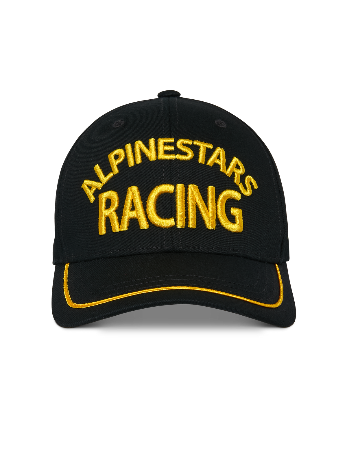 Alpinestars Luminary Kappe, schwarze Snapback-Cap, gelbe 3D-Stickerei „Alpinestars Racing“ auf der Vorderseite, gebogener Schirm mit gelbem Sutache-Besatz, lässige Motorsport-Kopfbedeckung