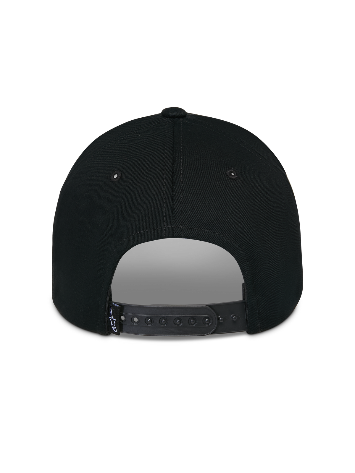 Alpinestars Luminary Mütze, Schwarz, Rückansicht mit verstellbarem Snapback-Verschluss und kleinem gewebten Logo-Etikett, strukturierte Baumwollkrone, lässige, vom Motorsport inspirierte Kopfbedeckung