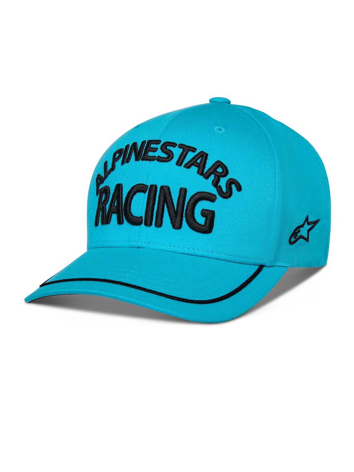 Alpinestars Luminary Mütze, Snapback mit gebogenem Schirm, Aquablau, mit schwarzem 3D-besticktem „ALPINESTARS RACING“ Schriftzug, seitlichem flachem Sticklogo und schwarzem Sutache-Besatz am Schirm, lässige, vom Motorsport inspirierte Kopfbedeckung.