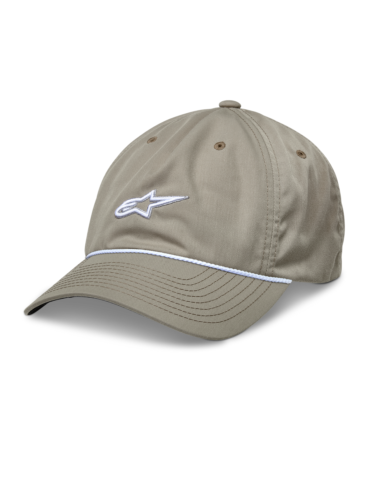 Alpinestars Tyler Hat, Khaki Baseball-Cap, weißes gesticktes 3D-Logo, weißer geflochtener Seilbesatz, unstrukturierte niedrige Krone, gebogener Schirm, Sechs-Panel-Konstruktion aus recyceltem Twill, Belüftungslöcher
