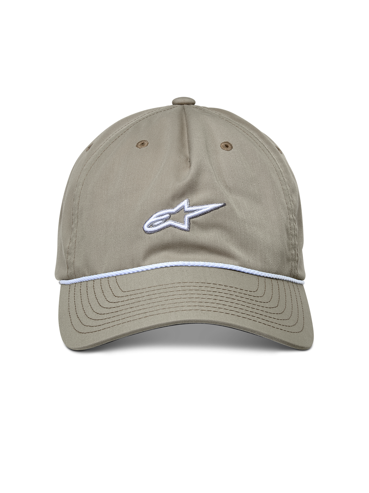 Alpinestars Tyler Mütze, Freizeit-Sportmütze, Khaki, Frontansicht mit weiß gesticktem Logo und geflochtenem Seilbesatz, gebogener Schirm, unstrukturierte niedrige Krone