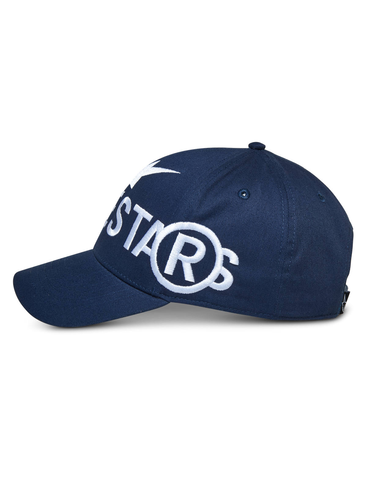 Alpinestars Committed Hat, Navy Blue Snapback, Side View with Large White Embroidered Logo, Curved Bill and Structured Crown, Casual Sportswear