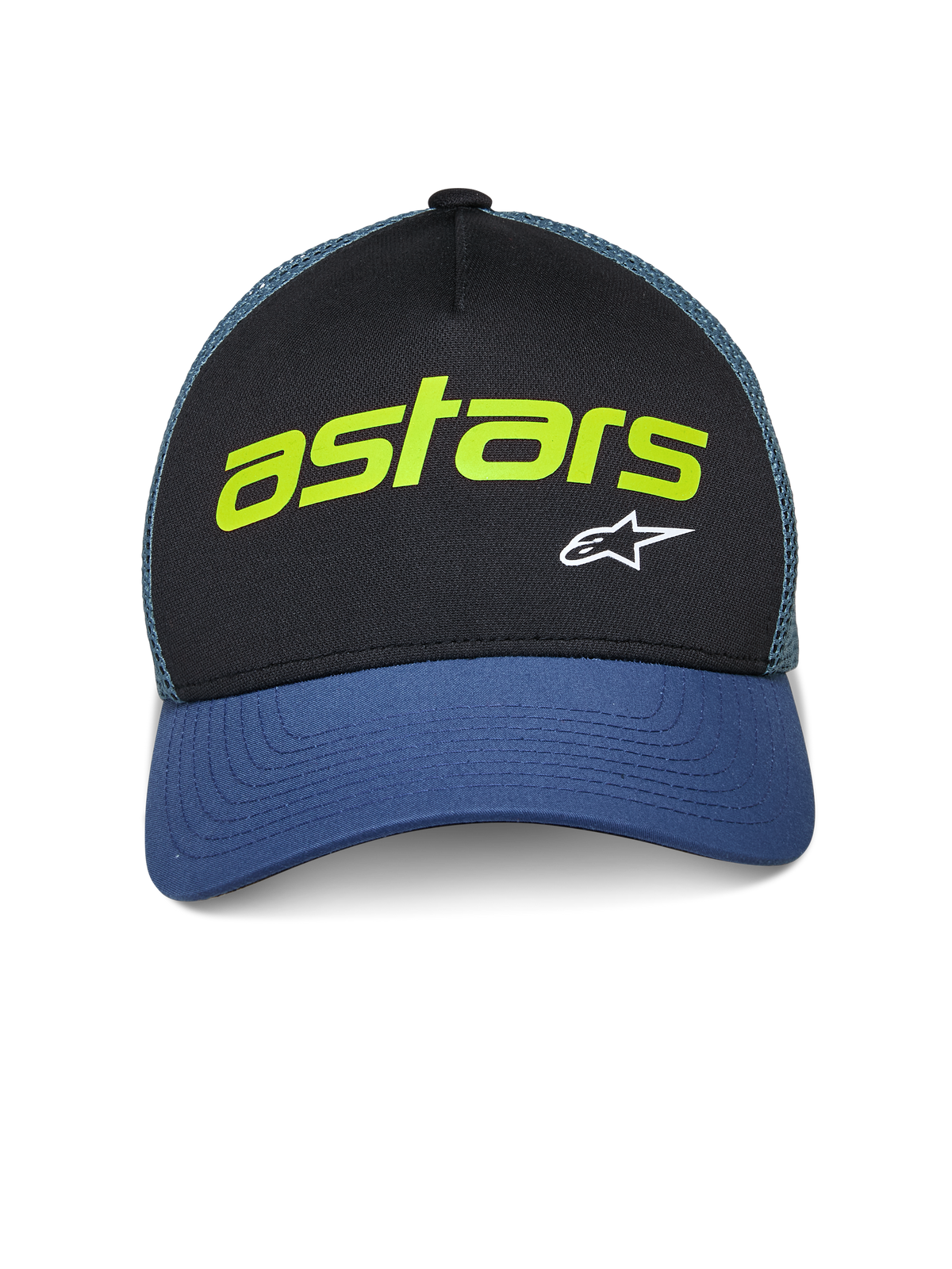 Alpinestars Vital Trucker Hat, Casual Trucker Cap, Black and Blue with Green mesh back, featuring lime green 'astars' text and white A-star logo, curved bill and structured crown