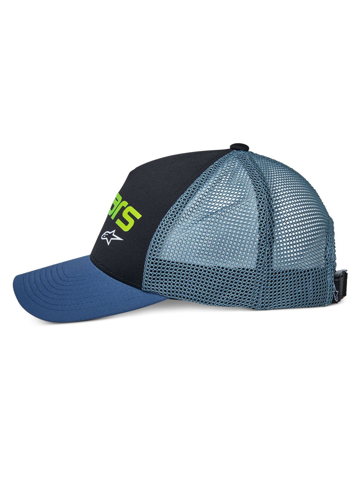 Alpinestars Vital Trucker Hat, side view, featuring a blue curved bill, black structured front panel with lime green text and white logo, teal mesh back, and adjustable buckle closure, casual motorsport headwear
