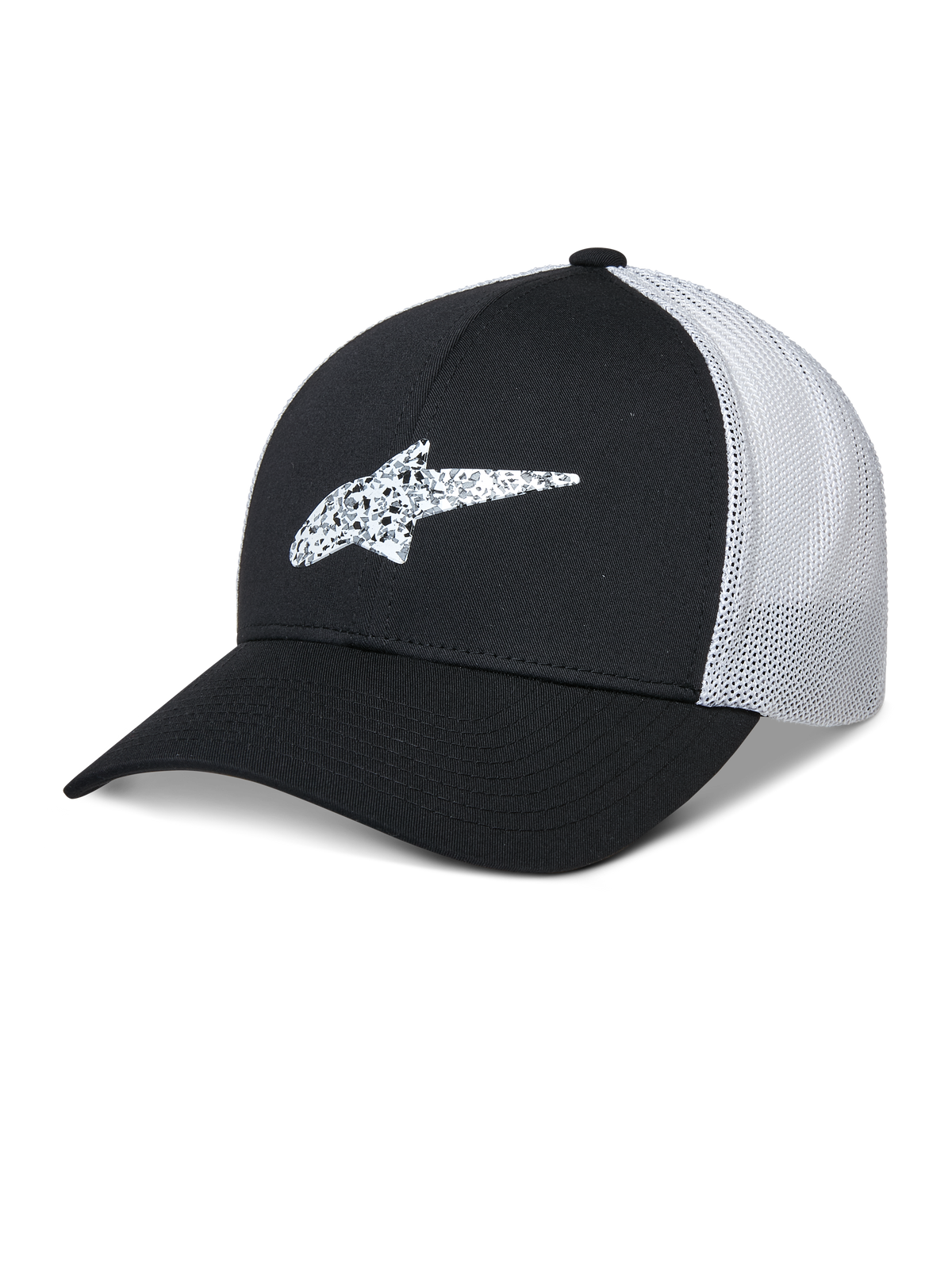 Alpinestars Terolithic Trucker Hat, Baseballkappe, Schwarz und Weiß, gebogener Schirm mit gemustertem TPU-Sternlogo, weiße atmungsaktive Mesh-Rückseite, strukturiertes Design mit niedriger Krone