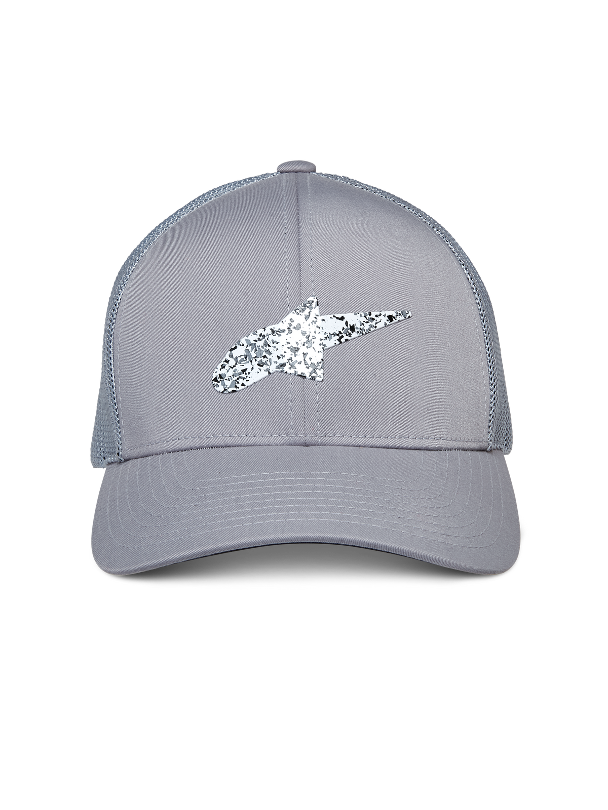 Alpinestars Terolithic Trucker Hat, Grau, mit gesprenkeltem schwarz-weißem Astar-Logo, gebogenem Schirm und Mesh-Rückseite, lässige, vom Motorsport inspirierte Kopfbedeckung