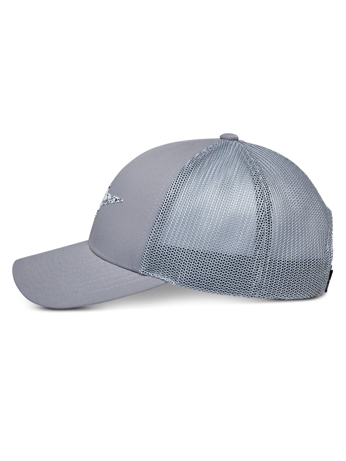 Alpinestars Terolithic Trucker Hat, Grau, Trucker-Kappe mit Mesh-Rückseite und gebogenem Schirm, Seitenansicht, strukturierte niedrige Krone mit Logo-Detail vorne, lässige, vom Motorsport inspirierte Kopfbedeckung