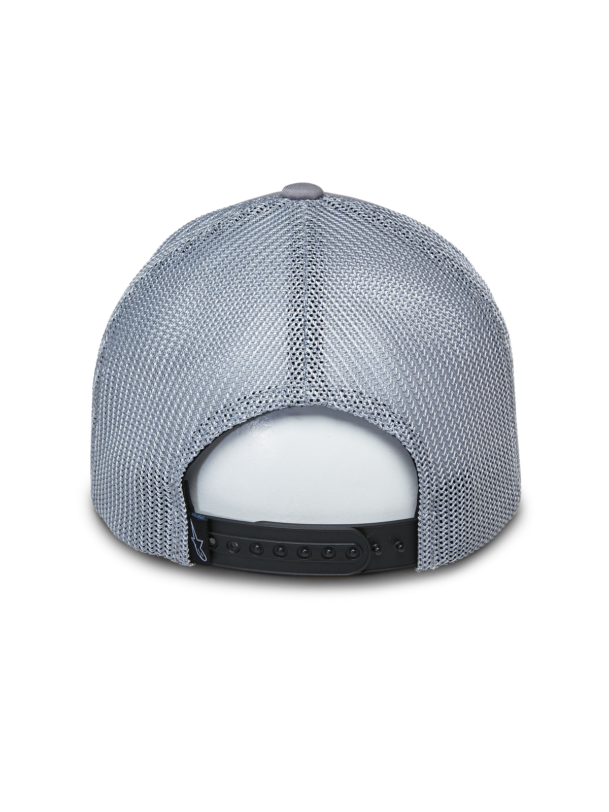 Alpinestars Terolithic Trucker Hat, graue Trucker-Mütze, Rückansicht mit grauen Mesh-Einsätzen und schwarzem Snapback-Verschluss, lässige vom Motorsport inspirierte Kopfbedeckung