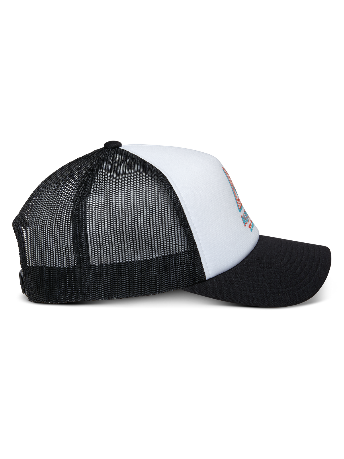 Alpinestars Ayess Trucker-Mütze, Weiß und Schwarz, Seitenansicht mit gebogenem schwarzem Schirm, weißer Schaumstoffkrone mit Logo-Print vorne und atmungsaktiver schwarzer Mesh-Rückseite, lässige Motorsport-Kopfbedeckung
