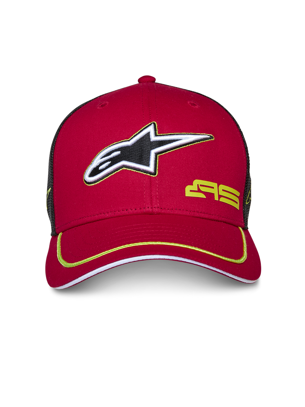 Alpinestars Exceed Trucker Mütze, Rot und Schwarz, gebogener Schirm mit limettengrüner Paspelierung, 3D-gesticktes Alpinestars-Logo, schwarze Mesh-Rückseite, strukturierte Krone, lässige Motorsport-Kopfbedeckung