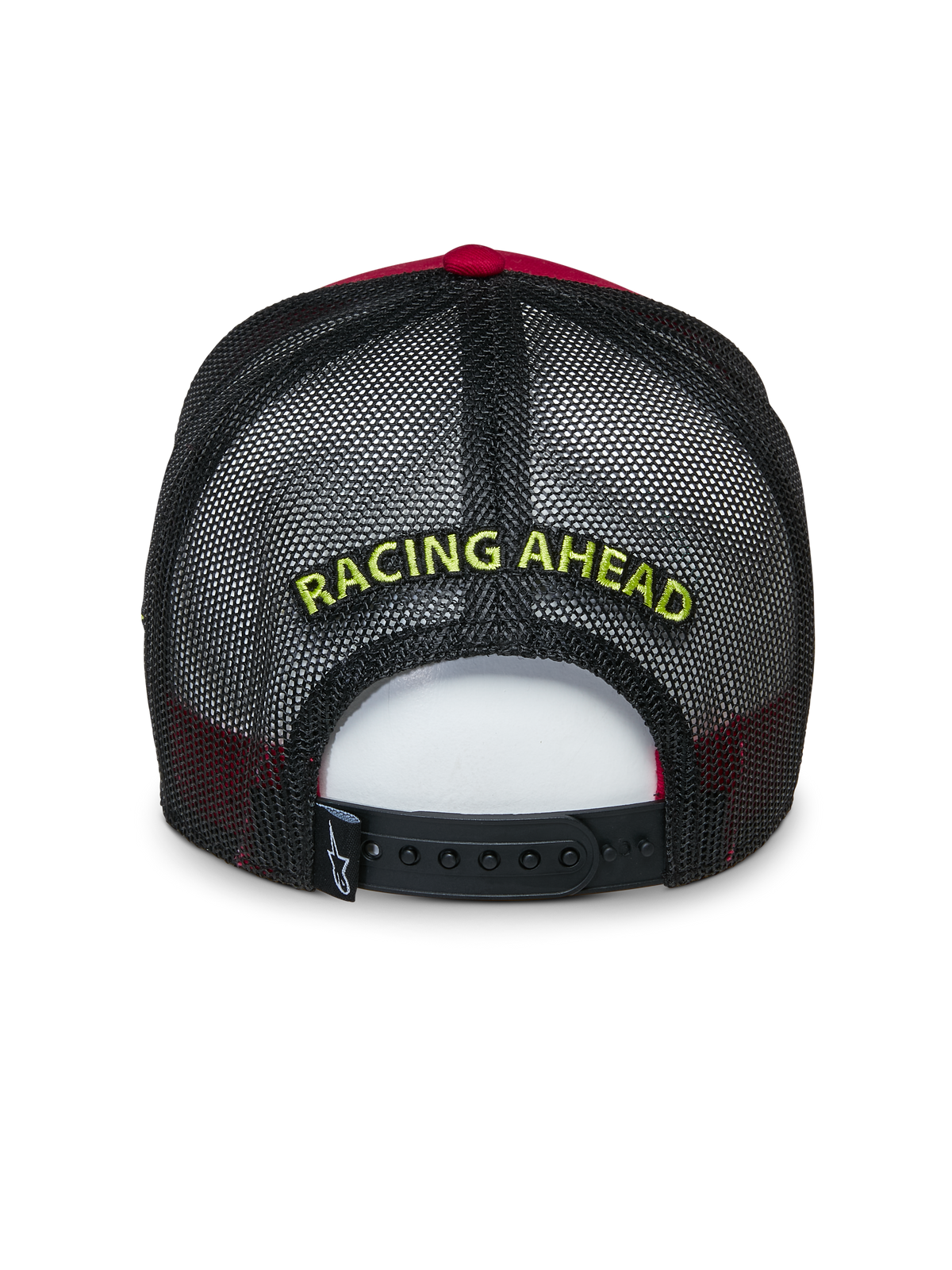 Alpinestars Exceed Trucker Mütze, Rückansicht, Rot und Schwarz, mit gelber „RACING AHEAD“-Stickerei auf schwarzem Mesh, verstellbarer Snapback-Verschluss, lässige Sportbekleidung-Kopfbedeckung