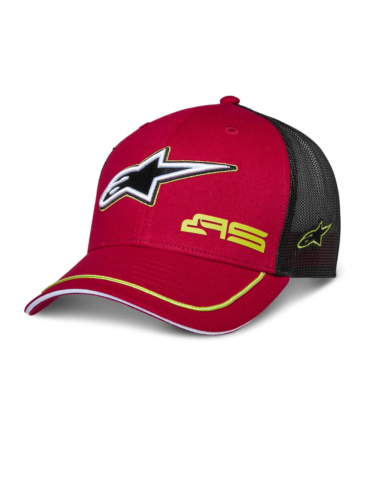 Alpinestars Exceed Trucker Mütze, Rot und Schwarz, Mesh-Back-Baseball-Cap mit 3D-Stern-Logo, gelbem AS-Branding und gelbem Akzent am gebogenen Schirm