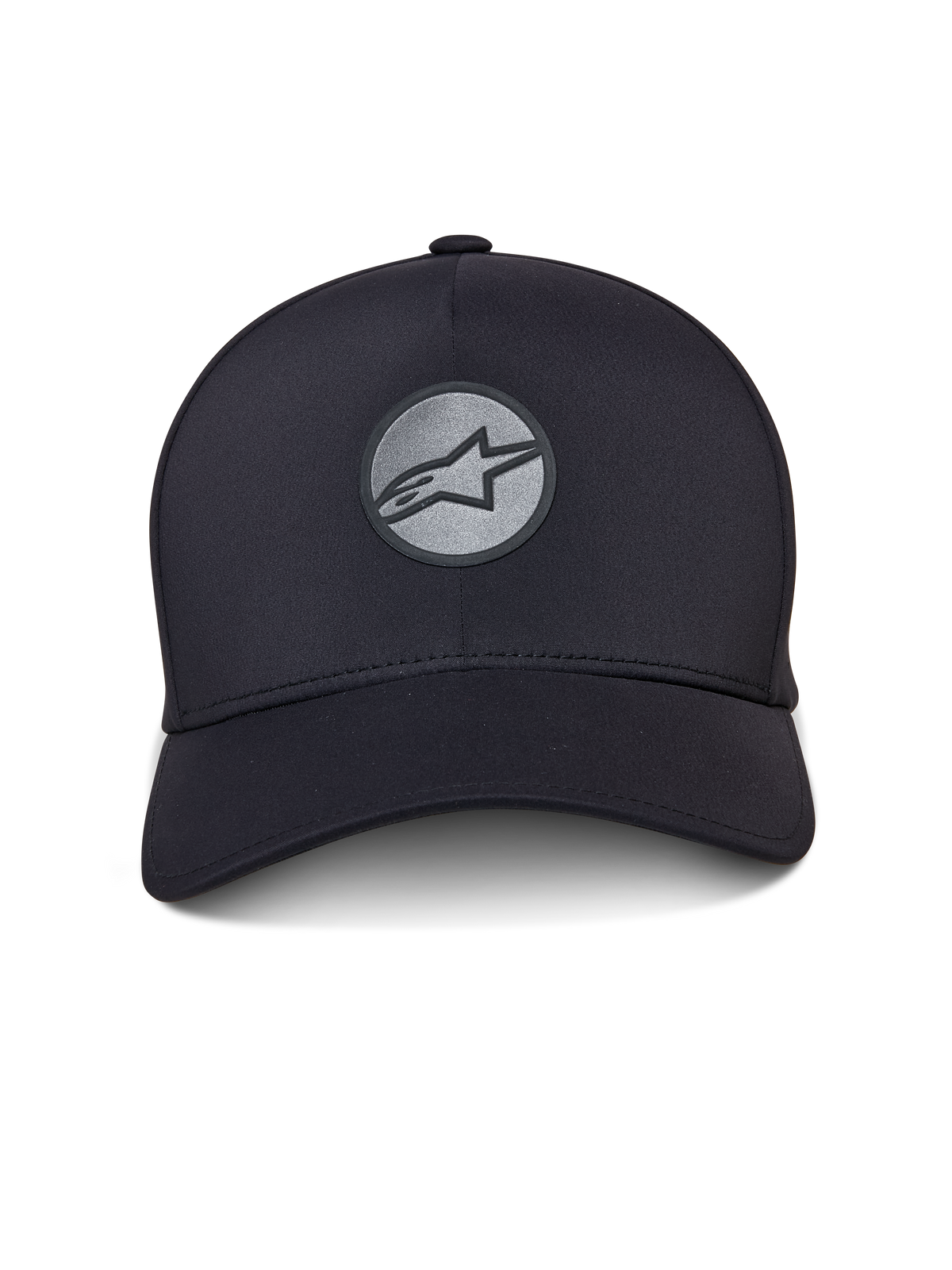 Alpinestars Apex Hat, schwarze Sportkappe, gebogener Schirm und strukturierte Krone, vorne reflektierendes verschweißtes Astar-Logo auf einem runden Patch, nahtlose Konstruktion mit modernem sportlichem Design