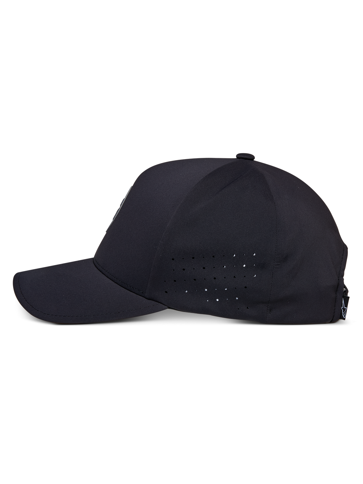 Alpinestars Apex Hat, Schwarz, Seitenansicht, gebogener Schirm mit strukturierter Krone, Perforation an den Seitenpaneelen für Atmungsaktivität, feuchtigkeitsableitendes technisches Gewebe, lässige Performance-Sportbekleidung