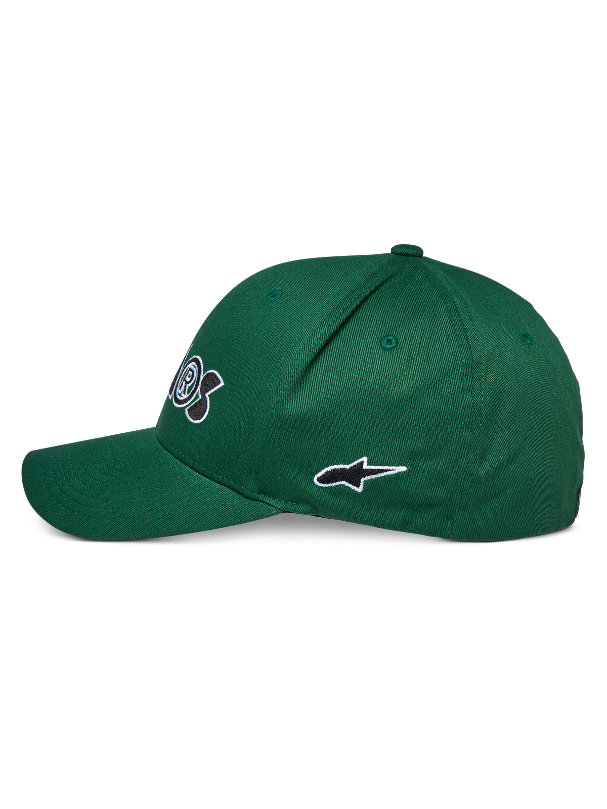 Alpinestars Cereal Mütze, Grün, Seitenansicht, mit gebogenem Schirm und besticktem schwarz-weißem Stern-Logo, lässige Sport-Kopfbedeckung