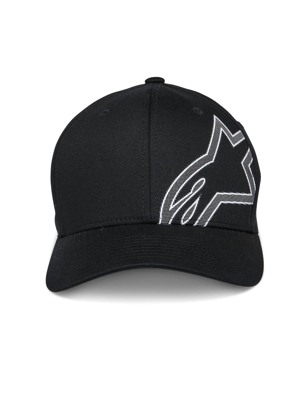 Alpinestars Share Mütze, Baseball-Cap, Schwarz, mit großem weißem HD-Puffdruck Astars-Logoumriss an der Seite, gebogener Schirm, strukturierte Krone, lässige motorsport-inspirierte Sportbekleidung