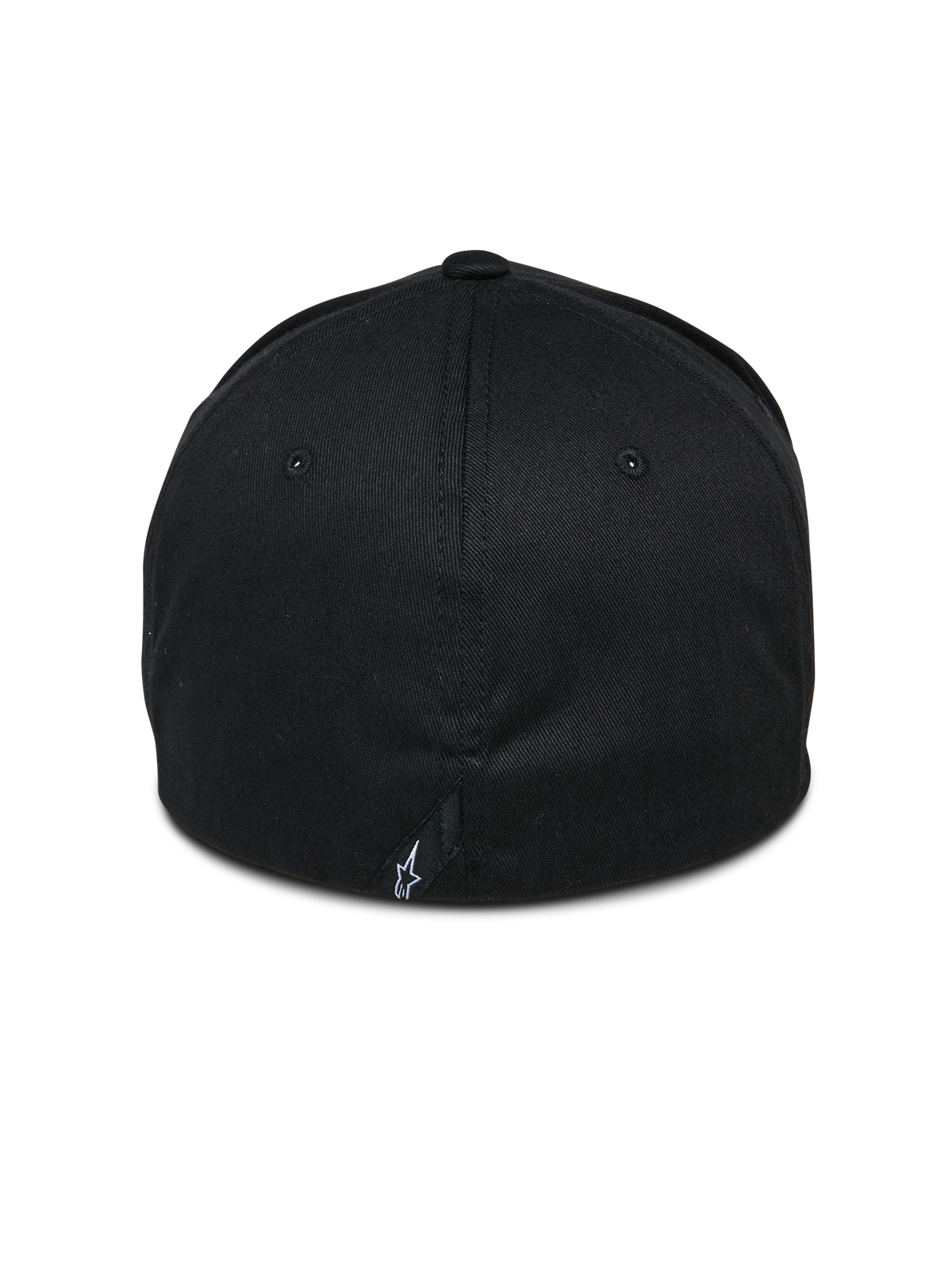 Alpinestars Share Mütze, Schwarz, Rückansicht mit geschlossener Flex-Back-Konstruktion, kleines weißes Astars-Logo an der hinteren Naht, lässige vom Motorsport inspirierte Streetwear
