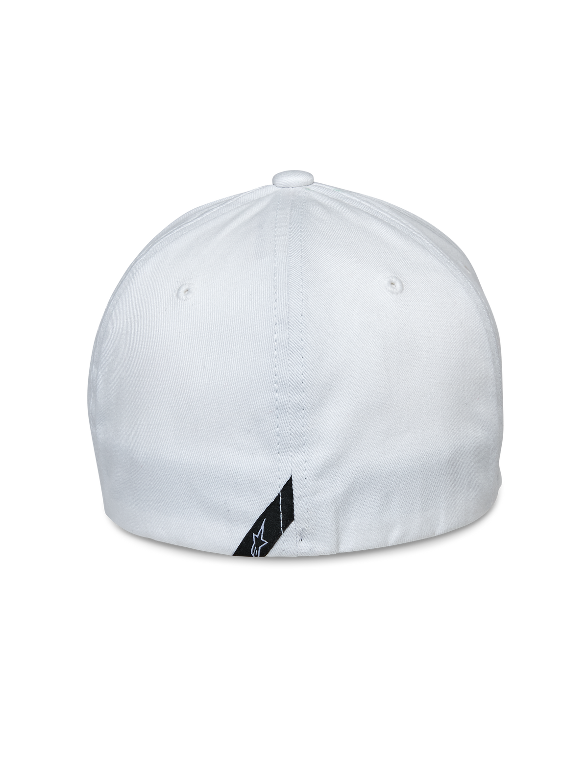 Alpinestars Share Hat, back view, white flex back baseball cap, stretch twill fabric, featuring a small black logo label at the bottom edge, casual sportswear accessory