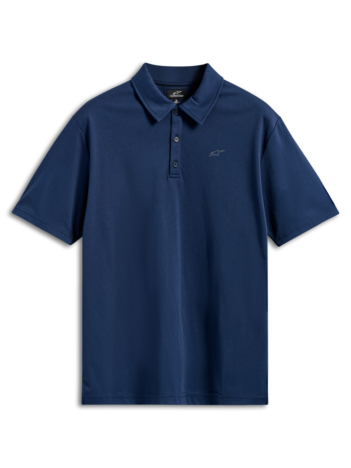 Alpinestars Impetus Sport Polo, kurzärmeliges Poloshirt, Navyblau, Mock-Mesh-Gewebe mit 3-Knopf-Leiste und kleinem grauen Astars-Logo auf der Brust, lässige Motorsport-Sportbekleidung