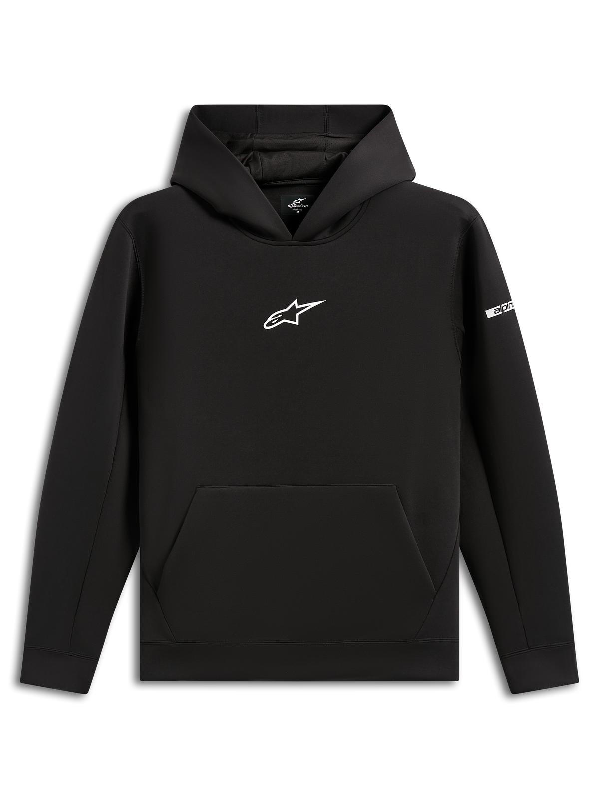 Alpinestars Insight Hoodie, schwarzer Kapuzenpullover, weißes Astars-Logo auf der Brust, Kängurutasche, Kapuze mit Mesh-Futter, lässige vom Motorsport inspirierte Streetwear