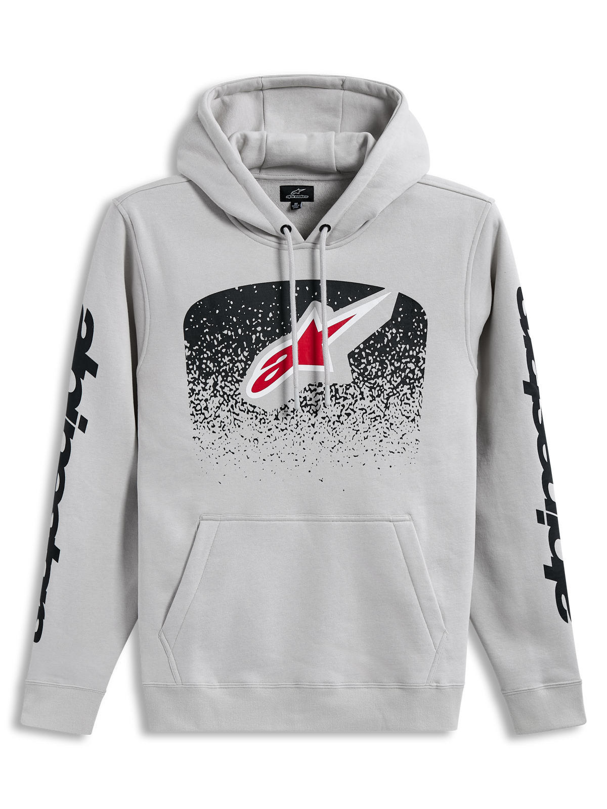 Alpinestars Obsessed Hoodie, Kapuzenpullover in Zementgrau mit MX-Farbverlauf-Frontlogo und schwarzen Ärmelgrafiken.