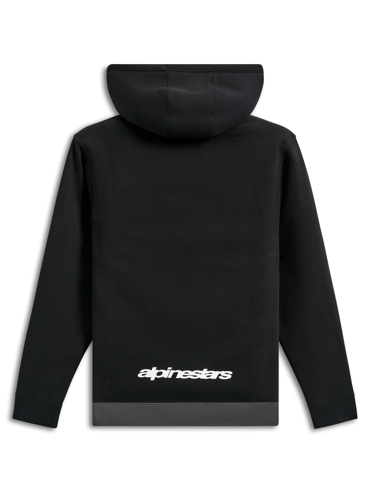 Alpinestars Parallel Hoodie, Rückansicht, schwarz mit gunmetal-grauem Saum, weißes Alpinestars-Wortlogo am unteren Rücken, lässige, vom Motorsport inspirierte Streetwear, lange Ärmel mit Rippbündchen