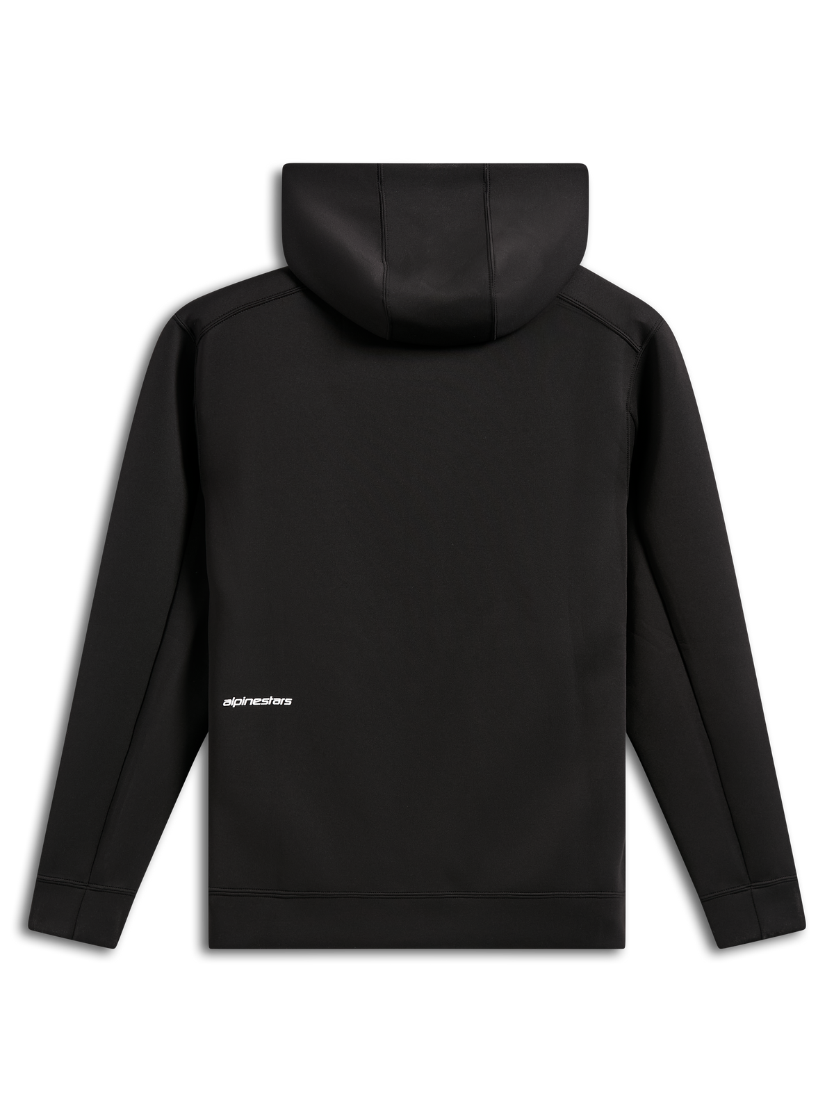 Alpinestars Cypher Hoodie, Rückansicht, Schwarz, lässiger Kapuzenpullover mit Reißverschluss aus Doppelvlies, kleines weißes Alpinestars-Wortlogo am unteren Rücken, Kapuze mit Mesh-Futter, modernes vom Motorsport inspiriertes Design