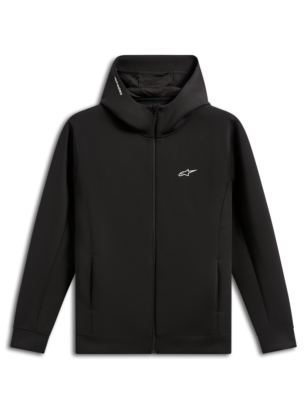 Alpinestars Cypher Hoodie, Schwarz, Doppelvlies mit Frontreißverschluss, Kapuze mit hohem Kragen und Mesh-Futter sowie Alpinestars Wortlogo, kleines weißes Astars Logo auf der Brust, Nahttaschen, lässige Motorsport-inspirierte Streetwear