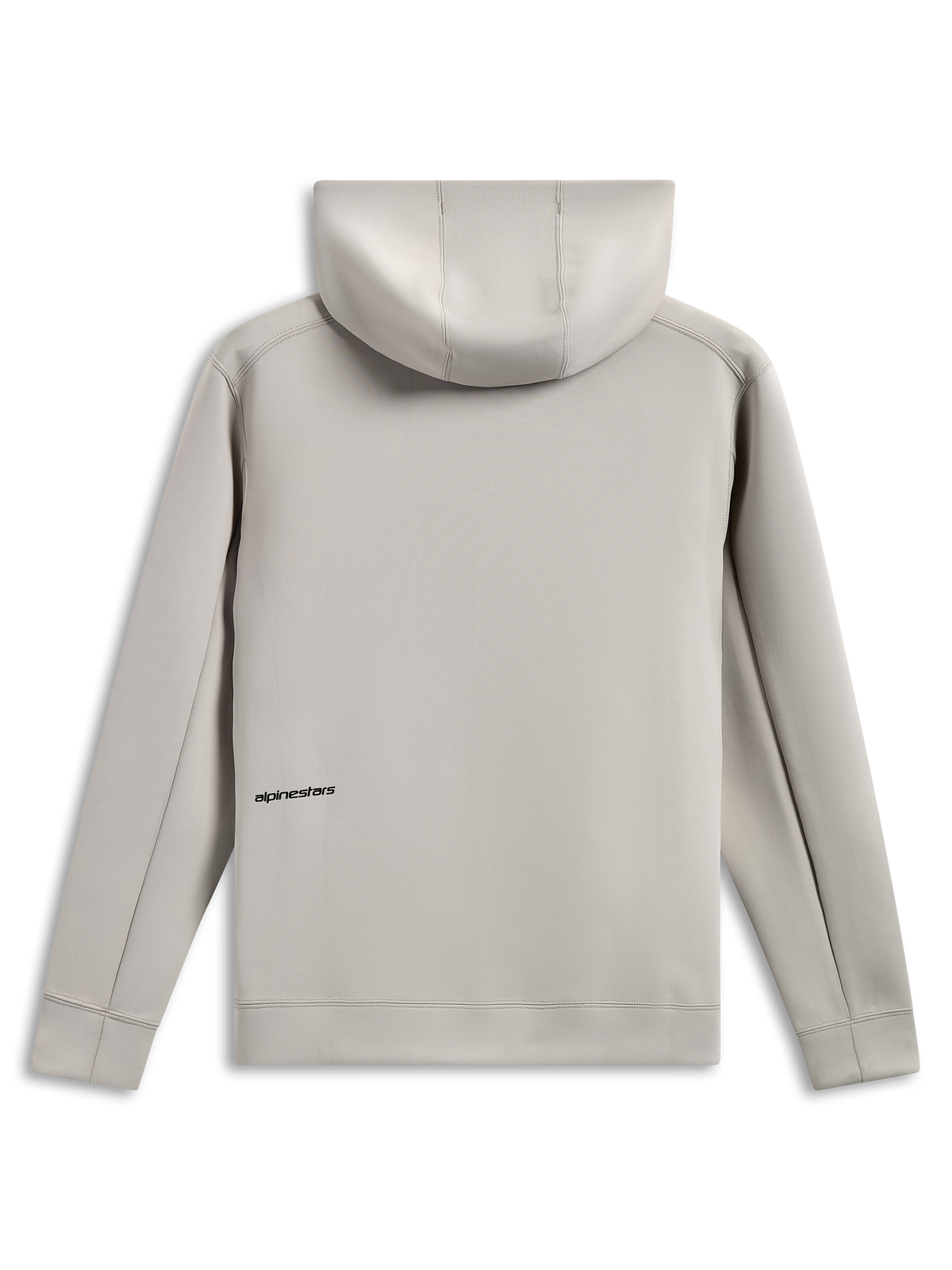 Alpinestars Cypher Hoodie, Rückansicht, Zementgrau, Tri-Blend-Doppelvlies, kleines schwarzes Wortlogo am unteren Rücken, Kapuze mit Mesh-Futter, lässige vom Motorsport inspirierte Streetwear