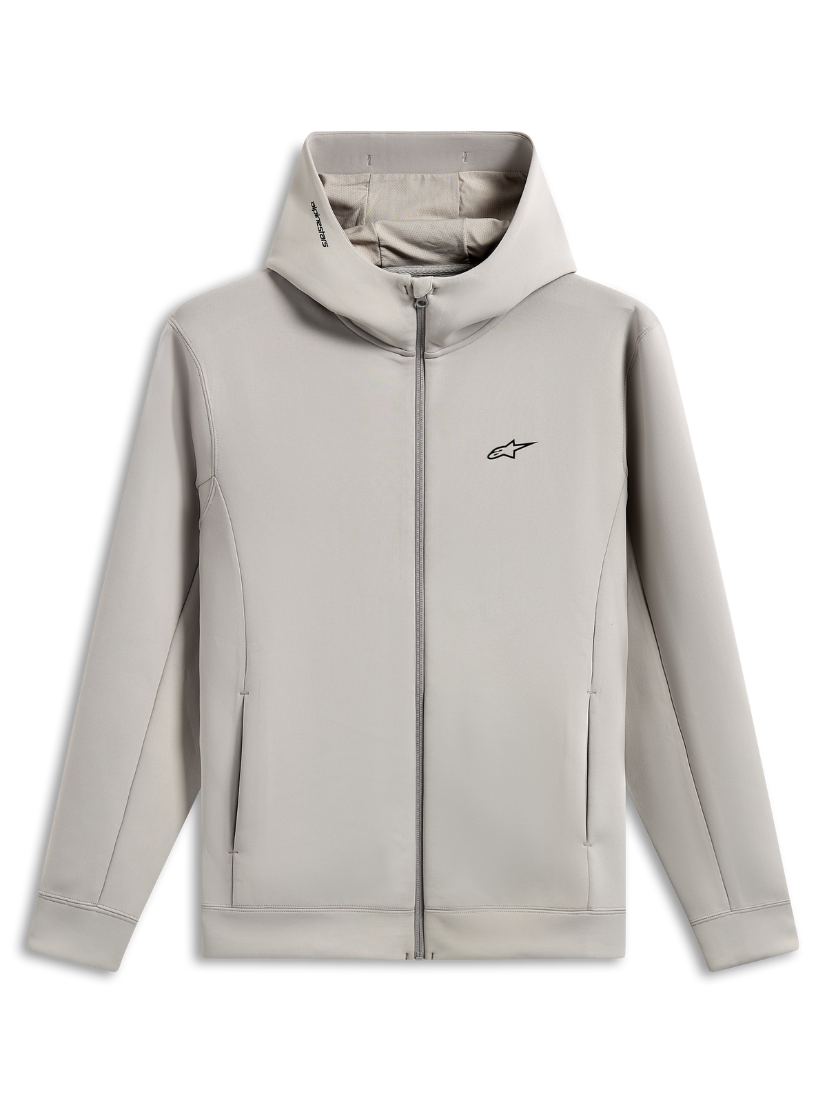 Alpinestars Cypher Hoodie, Kapuzenjacke aus Doppelvlies mit durchgehendem Reißverschluss, Cement-Grau, mit schwarzem Astars-Logo auf der Brust, hochgeschlossene Kapuze mit Mesh-Futter und Alpinestars-Wortlogo, Nahttaschen, lässiges Sportswear-Design