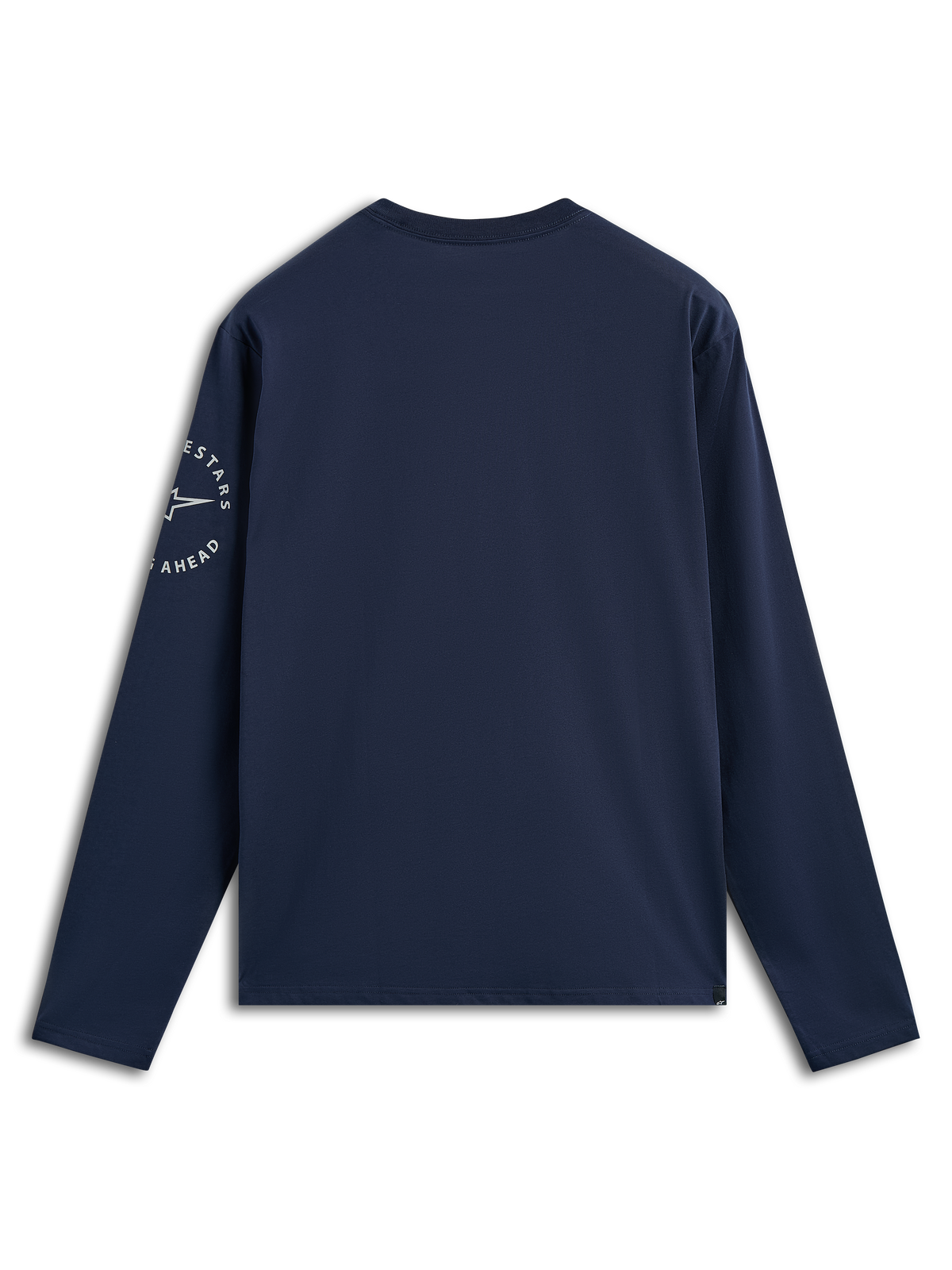 Alpinestars Mandatory CSF Tee, Langarmshirt, Marineblau, Rückansicht mit weißem kreisförmigem Astars-Logo auf dem linken Ärmel, lässige motorsport-inspirierte Streetwear
