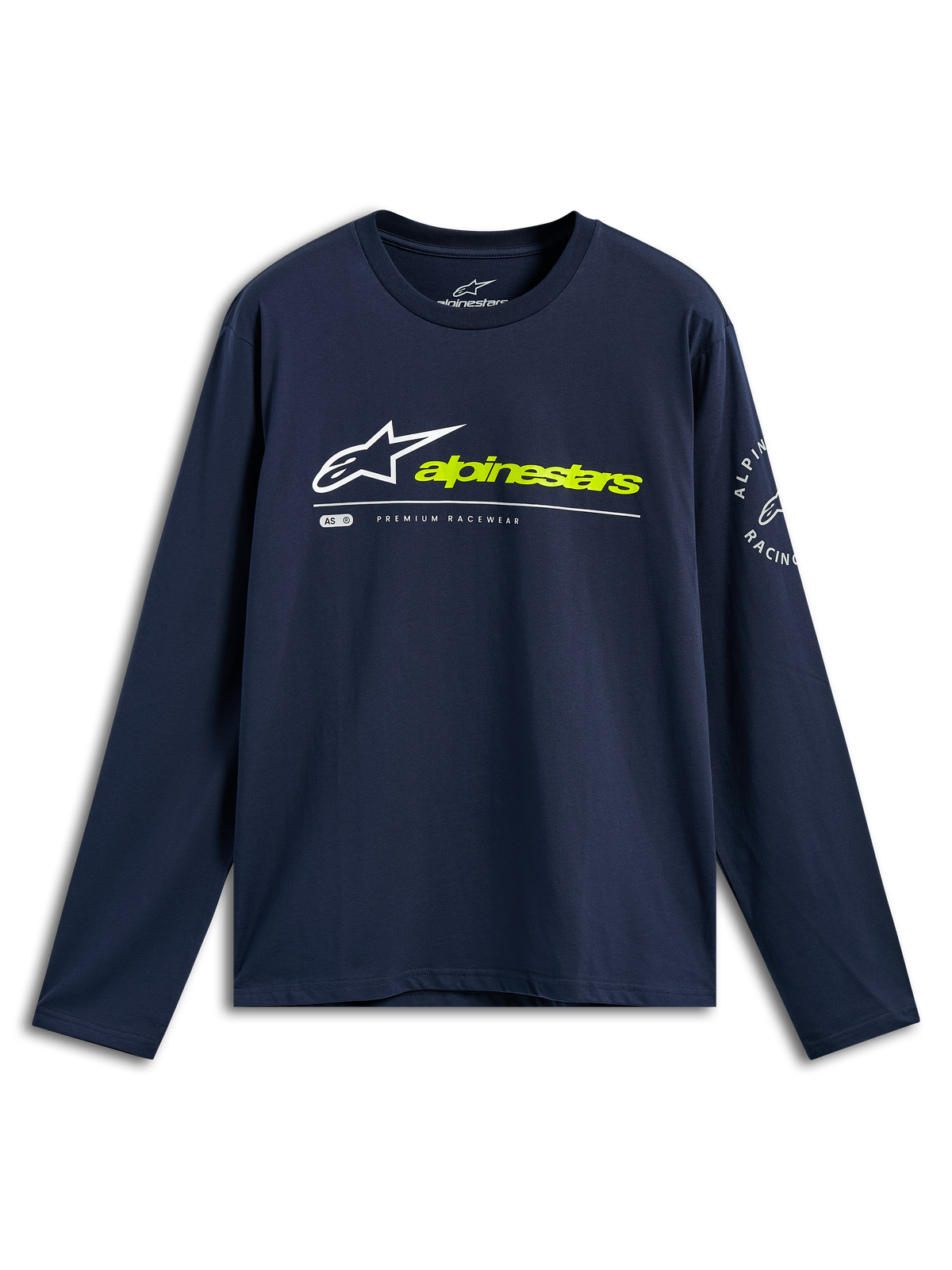Alpinestars Mandatory CSF Tee, Langarmshirt, Marineblau, weißes Astars-Logo und neongelber Alpinestars-Schriftzug auf der Vorderseite, kreisförmiges Logo am Ärmel, lässige Motorsport-Sportbekleidung