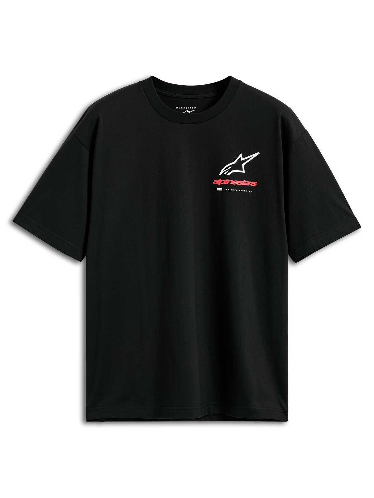 Alpinestars Overhang Oversized CSF Tee, Kurzarm-T-Shirt, Schwarz, Astars-Logo-Kombination vorne in Weiß und Rot mit „Premium Racewear“-Branding, Oversized-Passform, lässige Motorsport-Streetwear