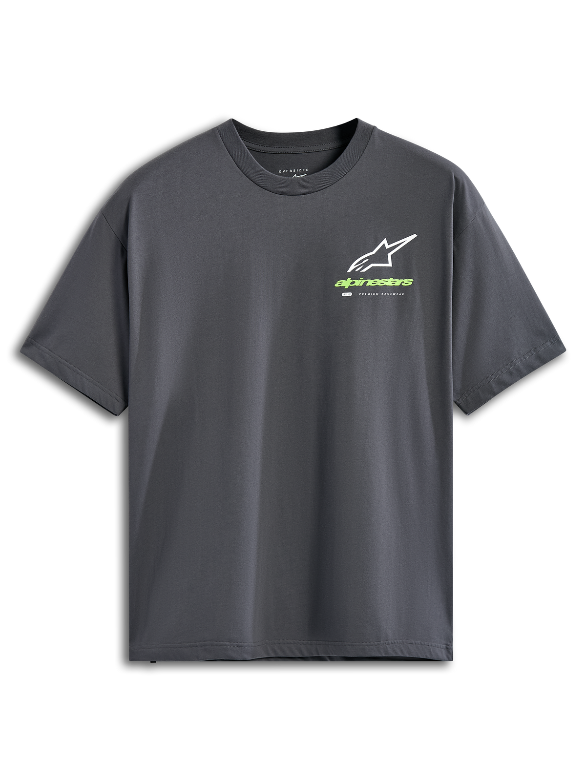Alpinestars Overhang Oversized CSF Tee, Kurzarm-T-Shirt, Anthrazitgrau, weißes Astars Logo mit lindgrünem Schriftzug, lässige Motorsport-Streetwear