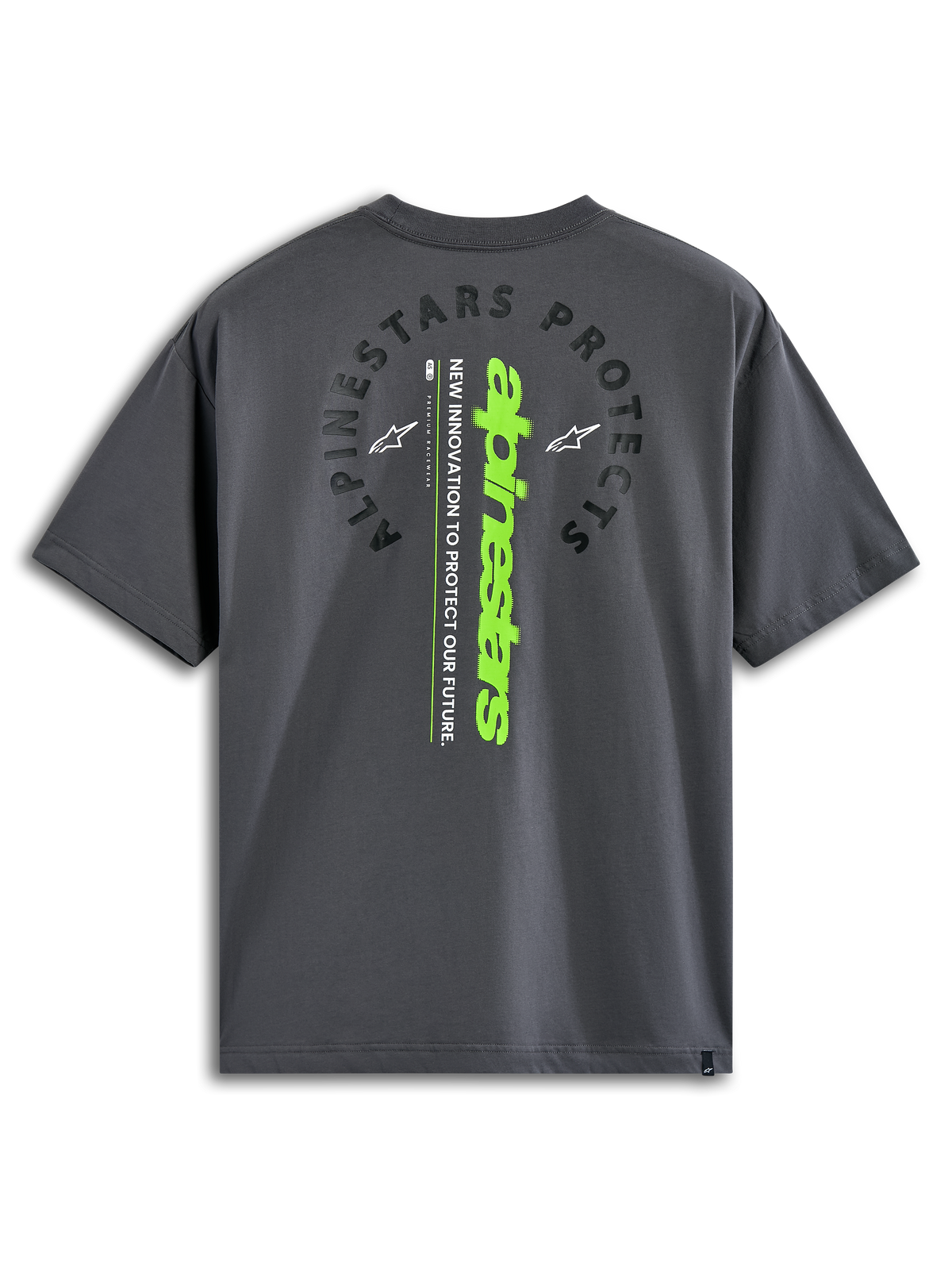 Alpinestars Overhang Oversized CSF Tee, Kurzarm-T-Shirt, Charcoal, Rückansicht mit bogenförmigem „Alpinestars Protects“-Schriftzug und vertikaler lindgrüner Wortmarke, lässige vom Motorsport inspirierte Streetwear