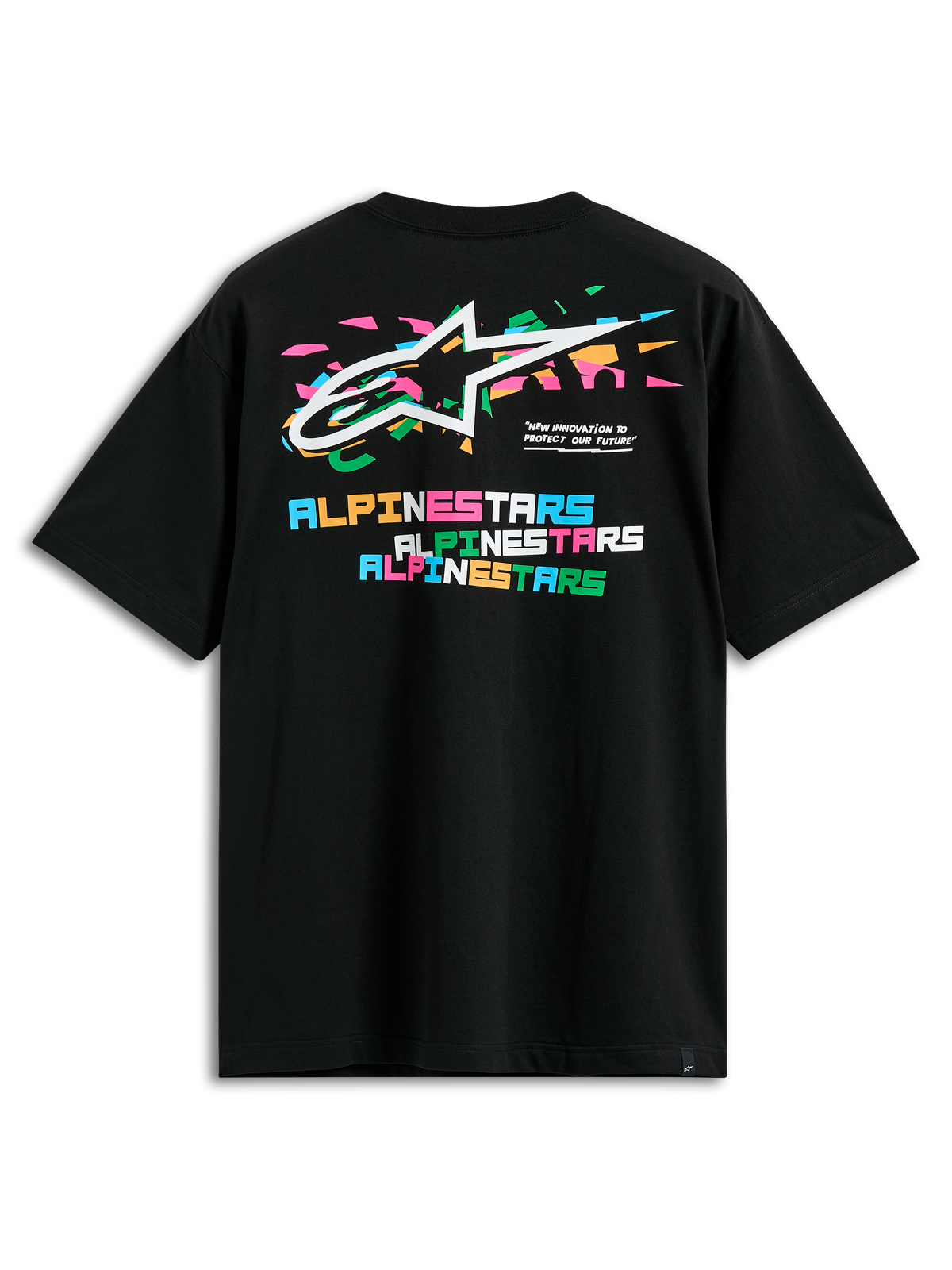 Alpinestars Wild Oversized CSF Tee, Kurzarm-T-Shirt, Schwarz, Rückansicht mit lebhaftem, mehrfarbigem Astars-Logo und gestapeltem Alpinestars-Schriftzug in Blockbuchstaben, lässige Streetwear