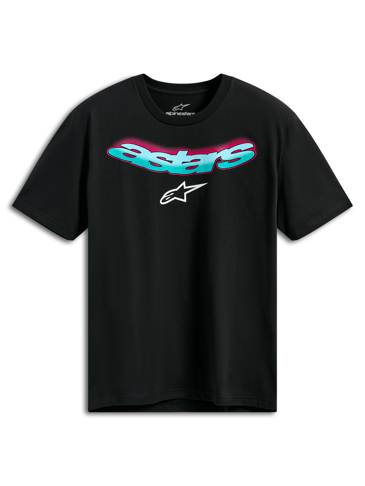 Alpinestars Ellipsoid CSF Tee, Short Sleeve T-Shirt, Black, curved teal Astars wordmark with pink gradient and white logo, Casual Motorsport Sportswear