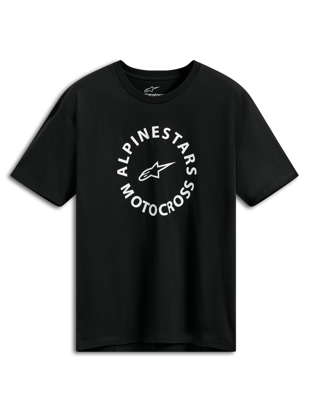 Alpinestars MX CSF Tee, Kurzarm-T-Shirt, Schwarz, weiße kreisförmige Alpinestars Motocross-Grafik, Casual Motorsport Streetwear