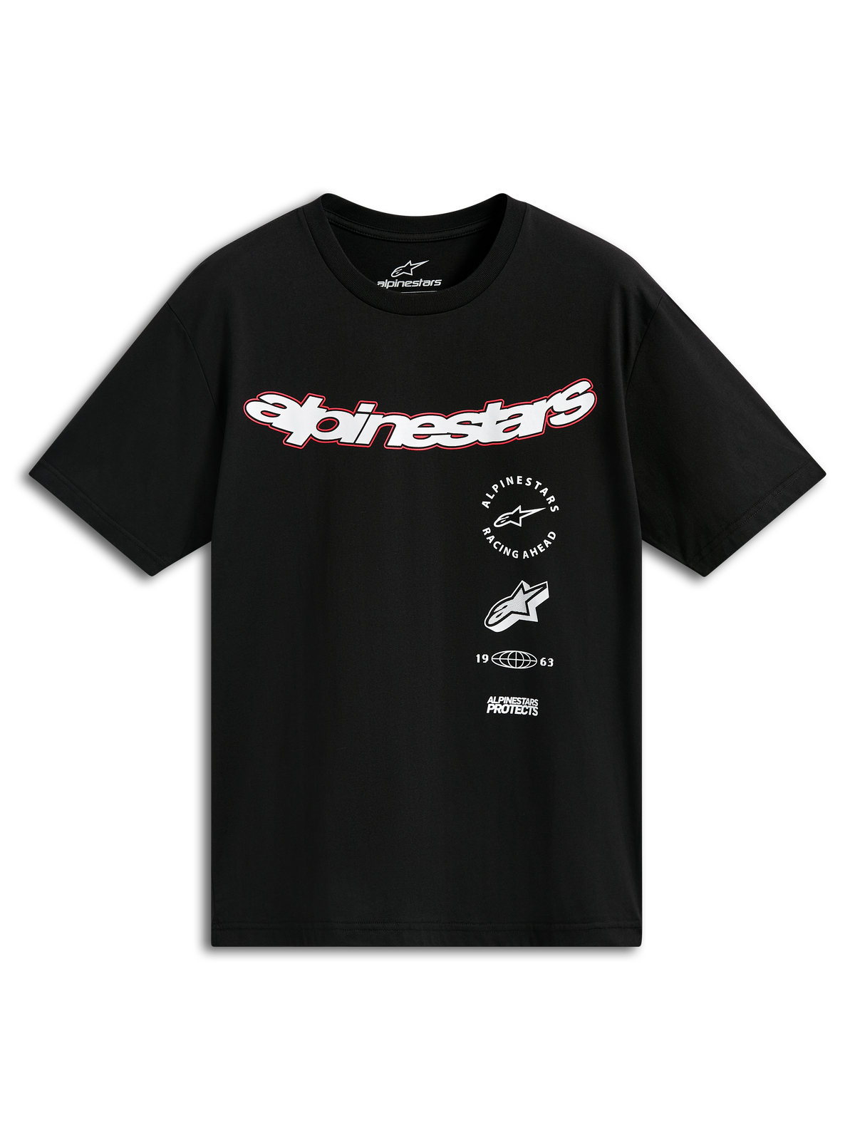 Alpinestars Abus CSF Tee, kurzärmeliges T-Shirt, Schwarz, gebogenes weißes Alpinestars-Logo mit roter Umrandung, mehrere gestapelte Grafiken einschließlich Racing Ahead und 1963, lässige Motorsport-Streetwear