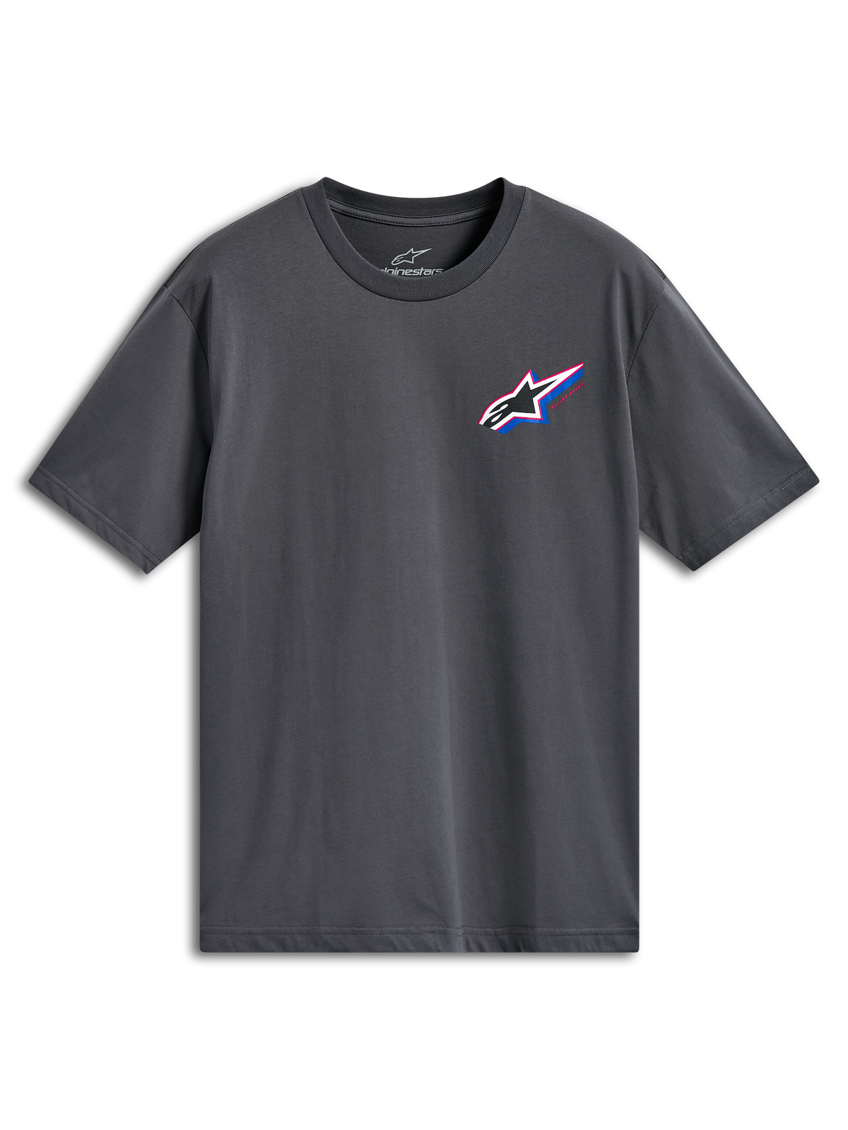 Alpinestars Angler CSF Tee, Kurzarm-T-Shirt, Anthrazitgrau, mehrfarbiges Astars-Logo auf der linken Brust mit roten und blauen Akzenten, Casual Motorsport Streetwear